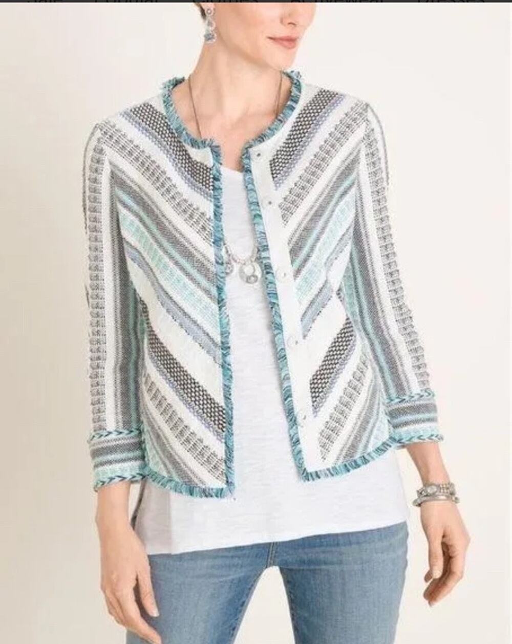 Chico's Women’s Teal White Black Cropped Fringe Snap Front Cardigan Shirt L